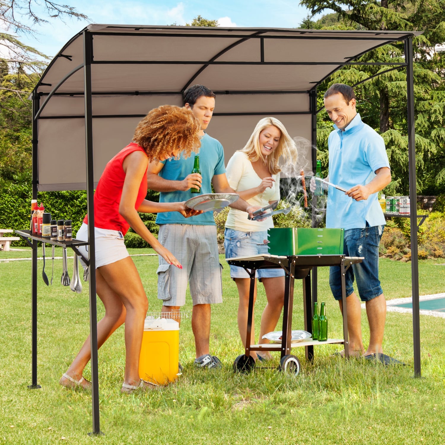 7.8 x 4.4 FT Outdoor BBQ Canopy With Shelves & Bottle Openers, Brown Canopies at Gallery Canada