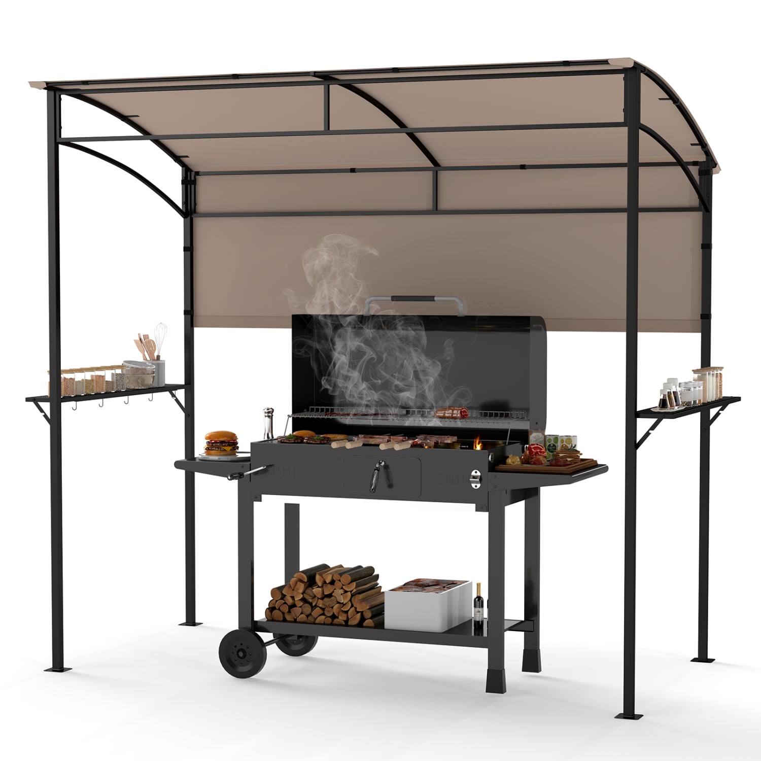 7.8 x 4.4 FT Outdoor BBQ Canopy With Shelves & Bottle Openers, Brown Canopies Brown at Gallery Canada