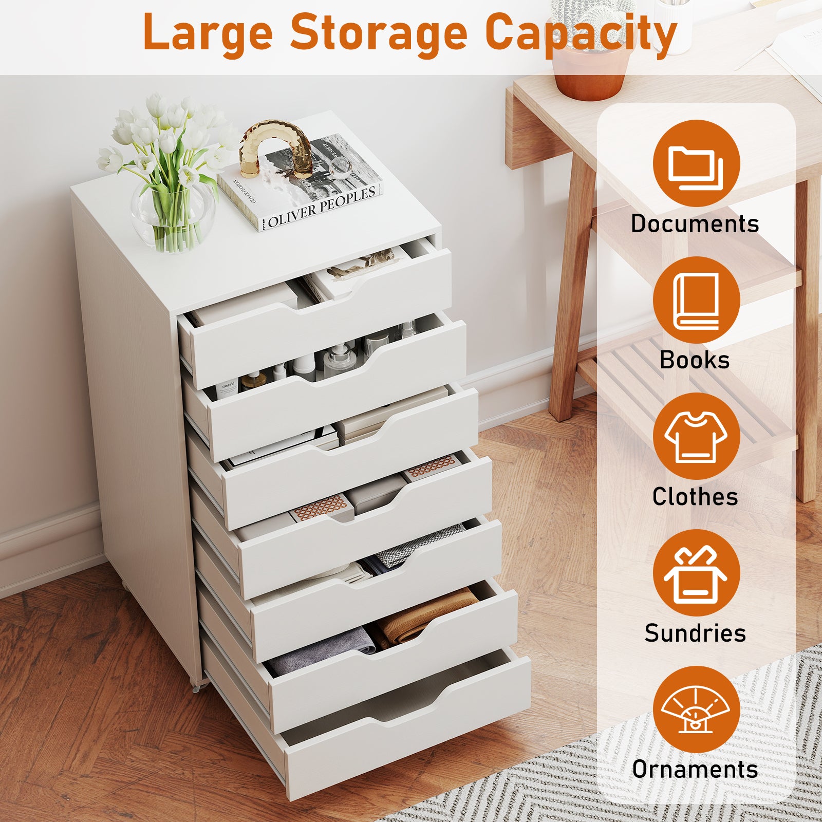 7-Drawer Chest Storage Dresser Floor Cabinet Organizer with Wheels, White File Cabinets at Gallery Canada