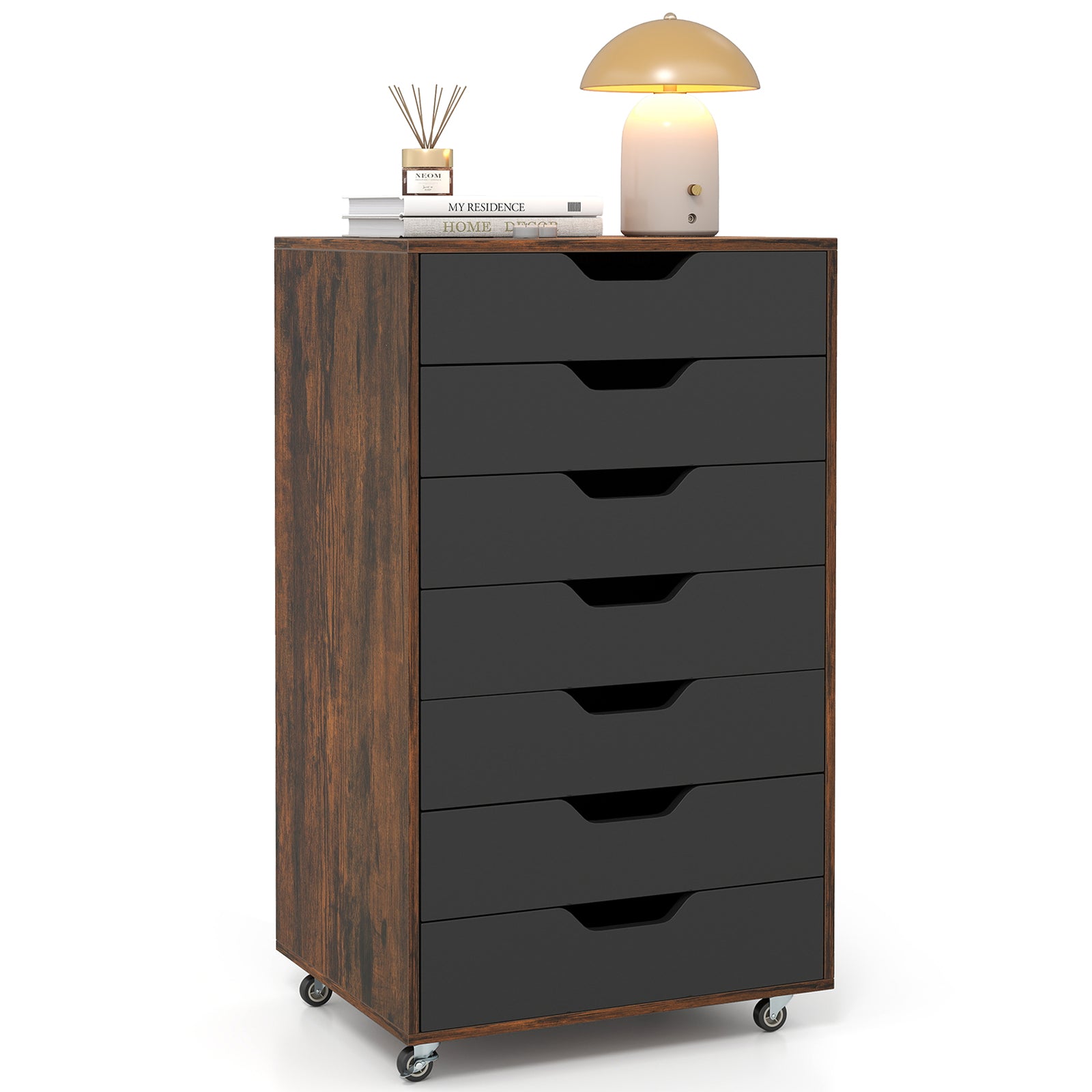 7-Drawer Wooden Storage Dresser, Lockable Wheels, Rustic Brown File Cabinets Rustic Brown at Gallery Canada