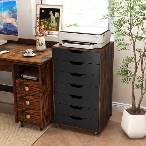 7-Drawer Chest Wooden Storage Dresser with Lockable Wheels, Rustic Brown