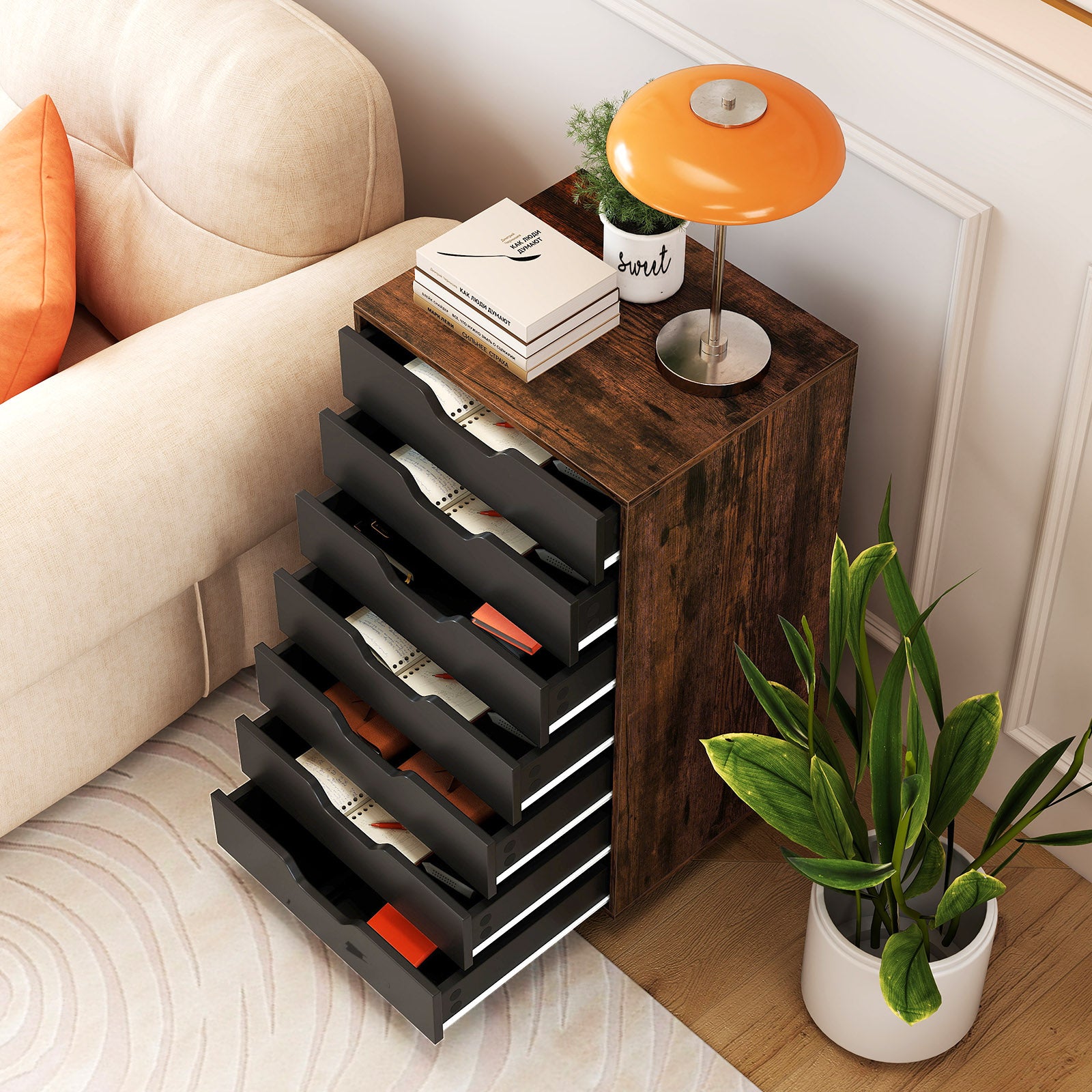 7-Drawer Chest Wooden Storage Dresser with Lockable Wheels, Rustic Brown File Cabinets at Gallery Canada