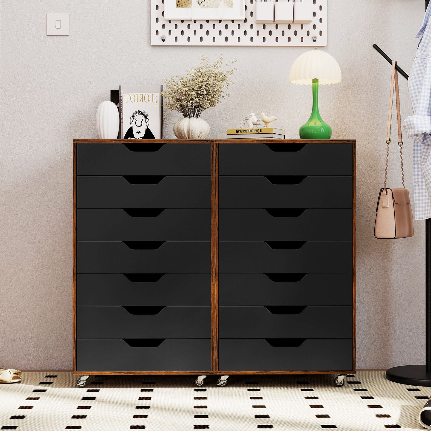 7-Drawer Chest Wooden Storage Dresser with Lockable Wheels, Rustic Brown File Cabinets at Gallery Canada