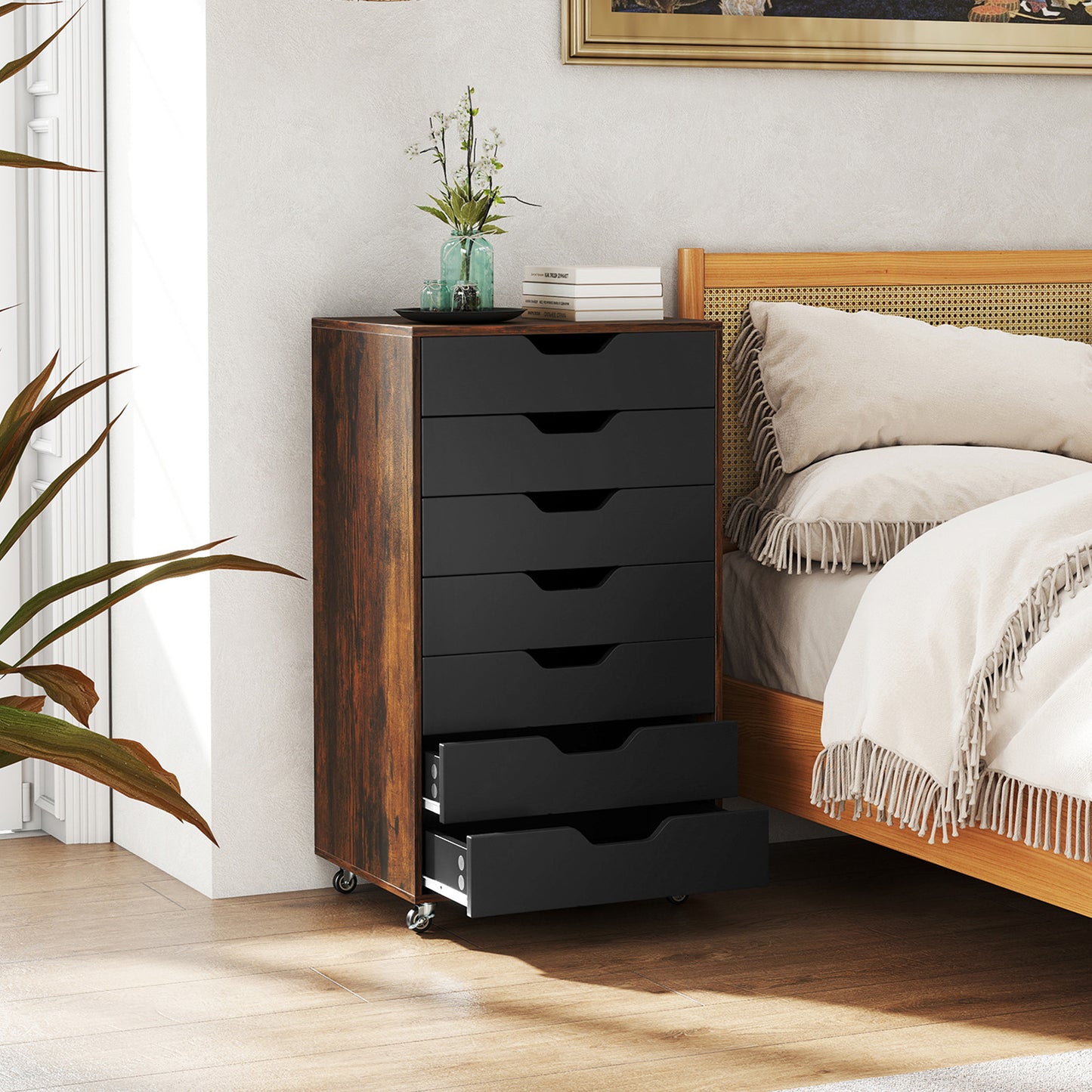 7-Drawer Chest Wooden Storage Dresser with Lockable Wheels, Rustic Brown File Cabinets at Gallery Canada