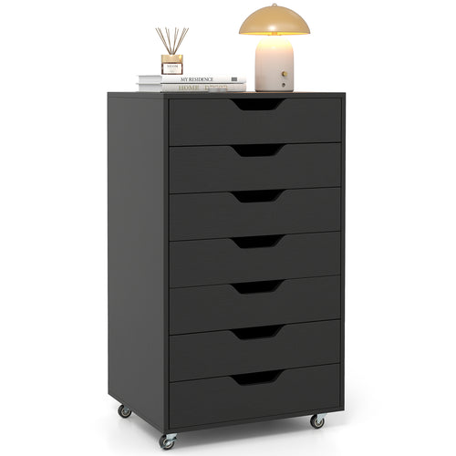 7-Drawer Chest Wooden Storage Dresser with Lockable Wheels, Black