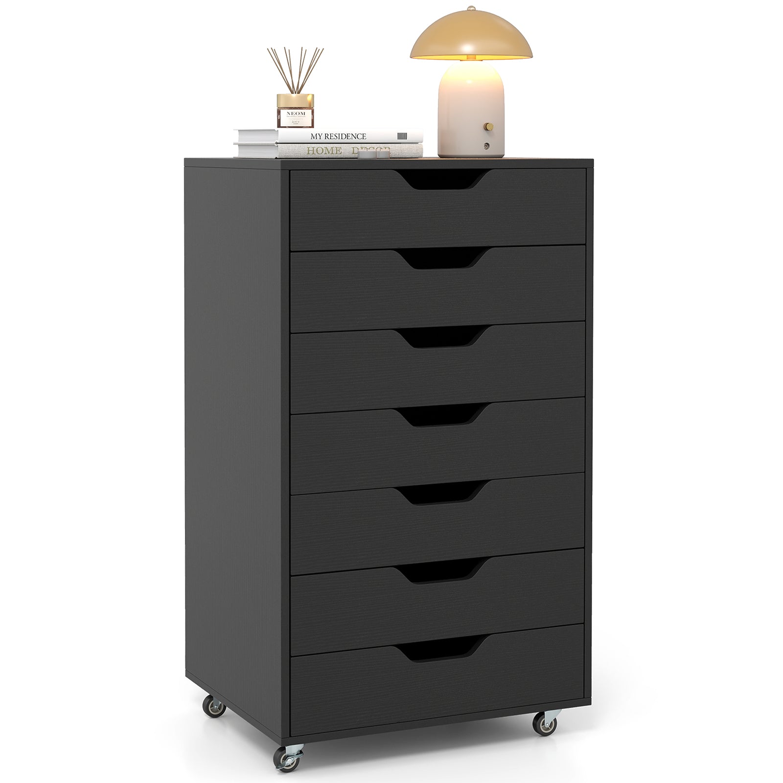 7-Drawer Wooden Storage Dresser With Lockable Wheels, Black File Cabinets at Gallery Canada
