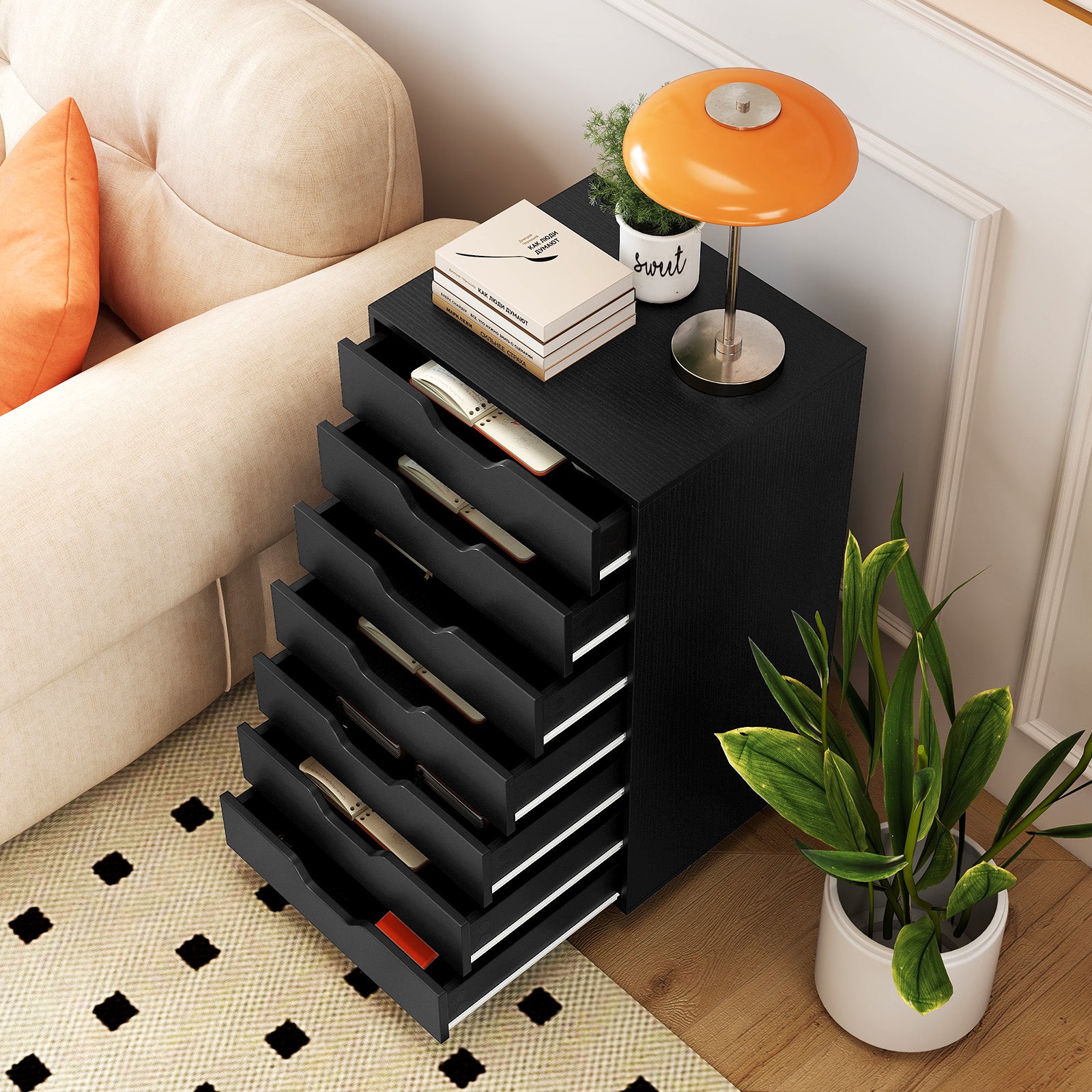 7-Drawer Chest Wooden Storage Dresser with Lockable Wheels, Black File Cabinets at Gallery Canada