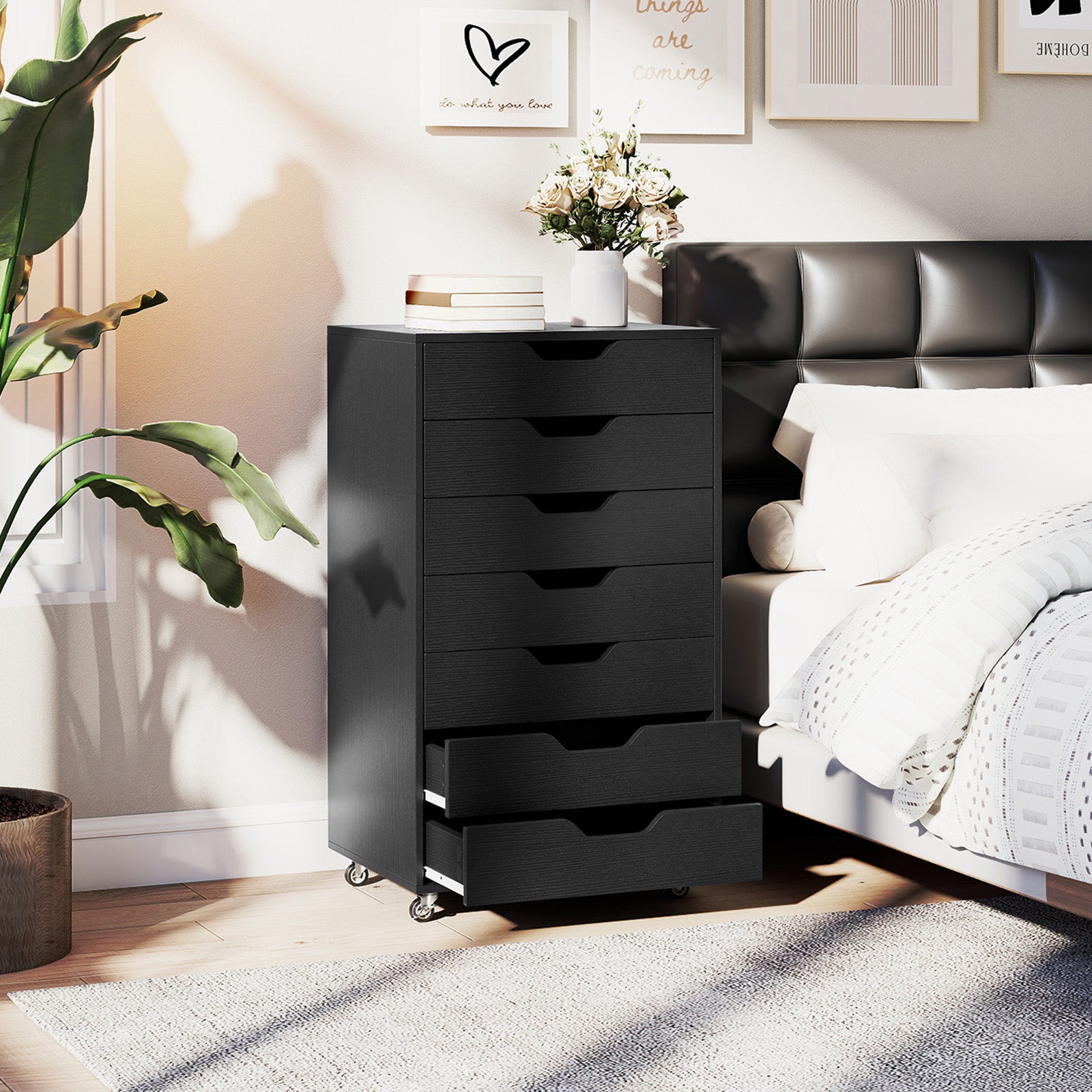7-Drawer Chest Wooden Storage Dresser with Lockable Wheels, Black File Cabinets at Gallery Canada