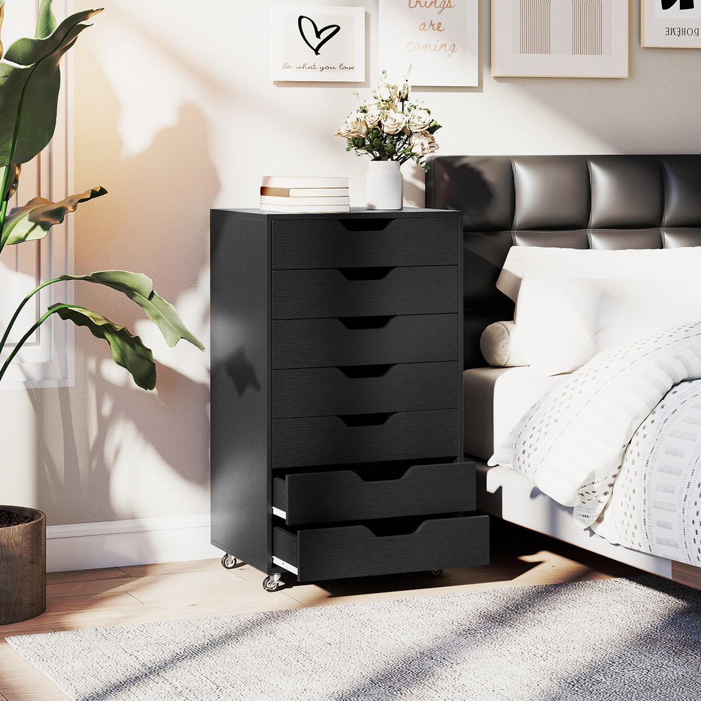 7-Drawer Chest Wooden Storage Dresser with Lockable Wheels, Black File Cabinets at Gallery Canada
