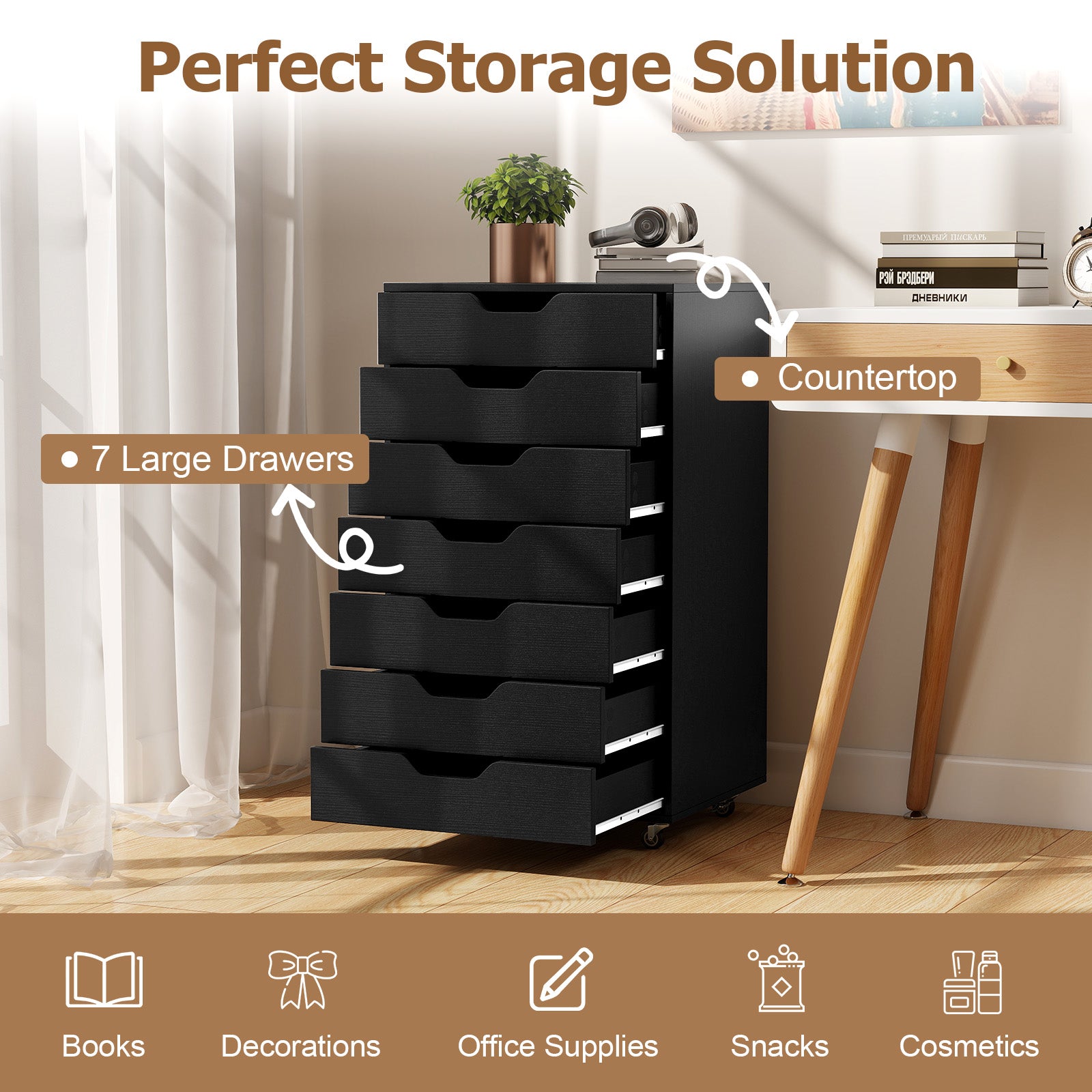 7-Drawer Chest Wooden Storage Dresser with Lockable Wheels, Black File Cabinets at Gallery Canada