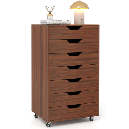 7-Drawer Wooden Chest Dresser, Walnut, Lockable Wheels File Cabinets Walnut at Gallery Canada