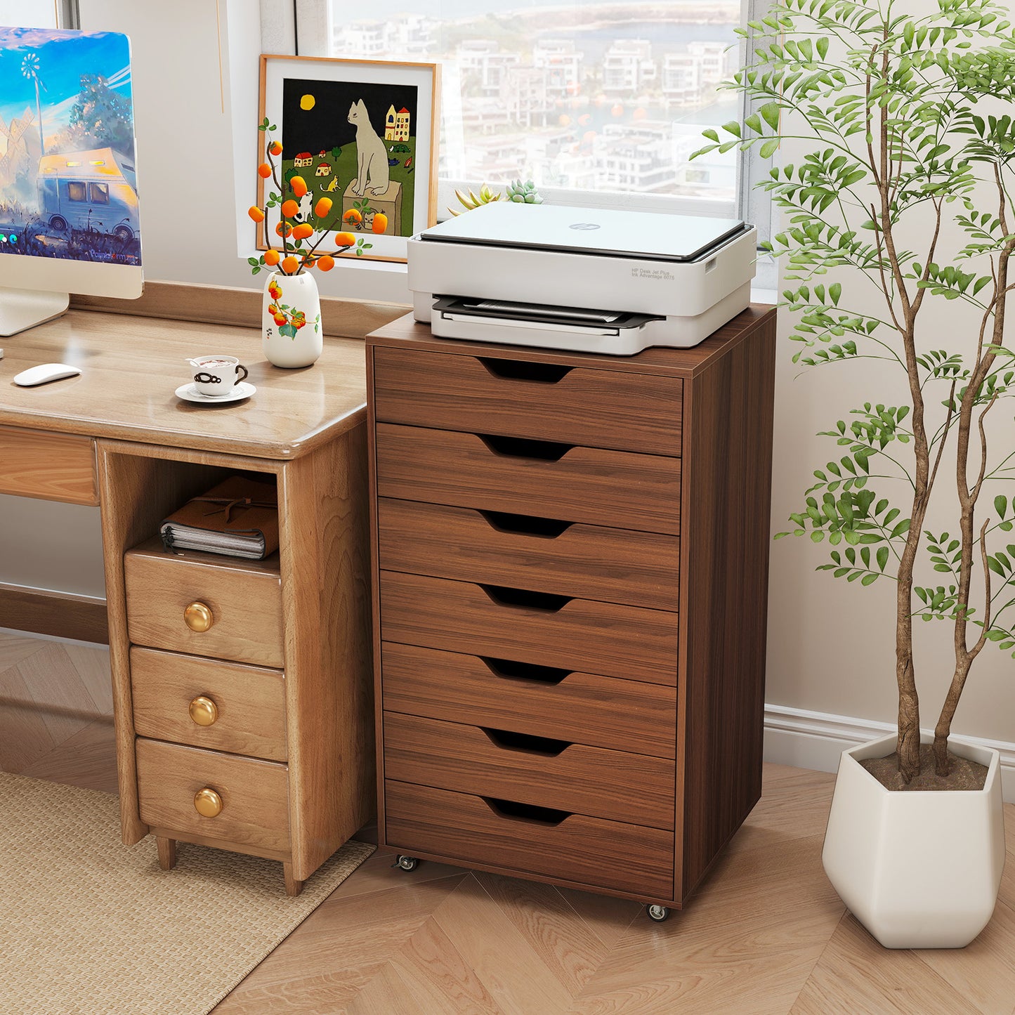 7-Drawer Chest Wooden Storage Dresser with Lockable Wheels, Walnut File Cabinets at Gallery Canada
