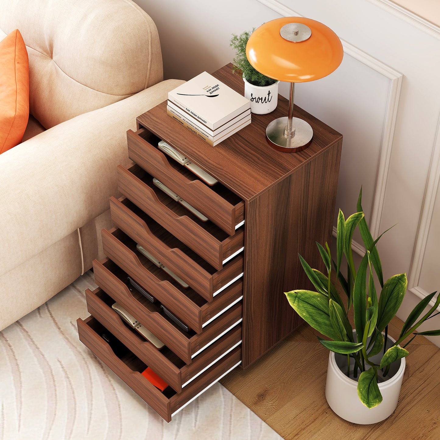 7-Drawer Chest Wooden Storage Dresser with Lockable Wheels, Walnut File Cabinets at Gallery Canada