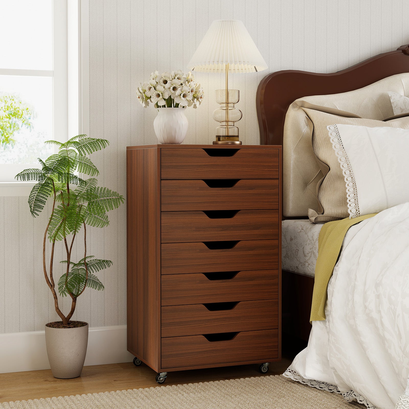 7-Drawer Chest Wooden Storage Dresser with Lockable Wheels, Walnut File Cabinets at Gallery Canada