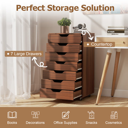 7-Drawer Wooden Chest Dresser, Walnut, Lockable Wheels File Cabinets at Gallery Canada