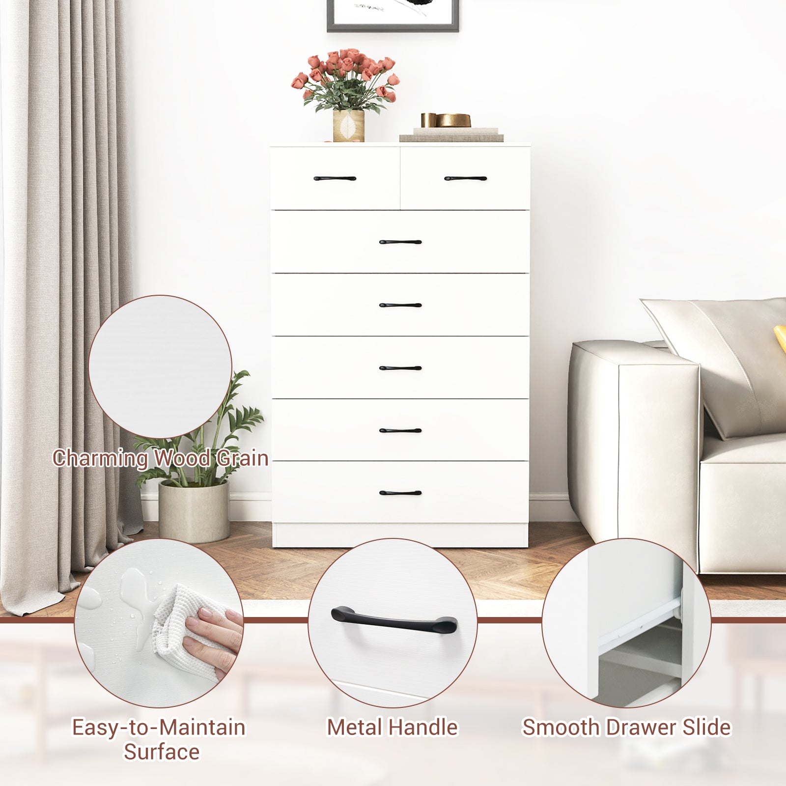 7-Drawer Tall Dresser, Metal Handles, Anti-Tipping Kits, White Dressers & Chests at Gallery Canada