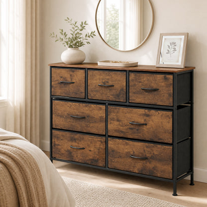 7-Drawer Wide Dresser, 2-Sized Fabric Drawers, Rustic Brown