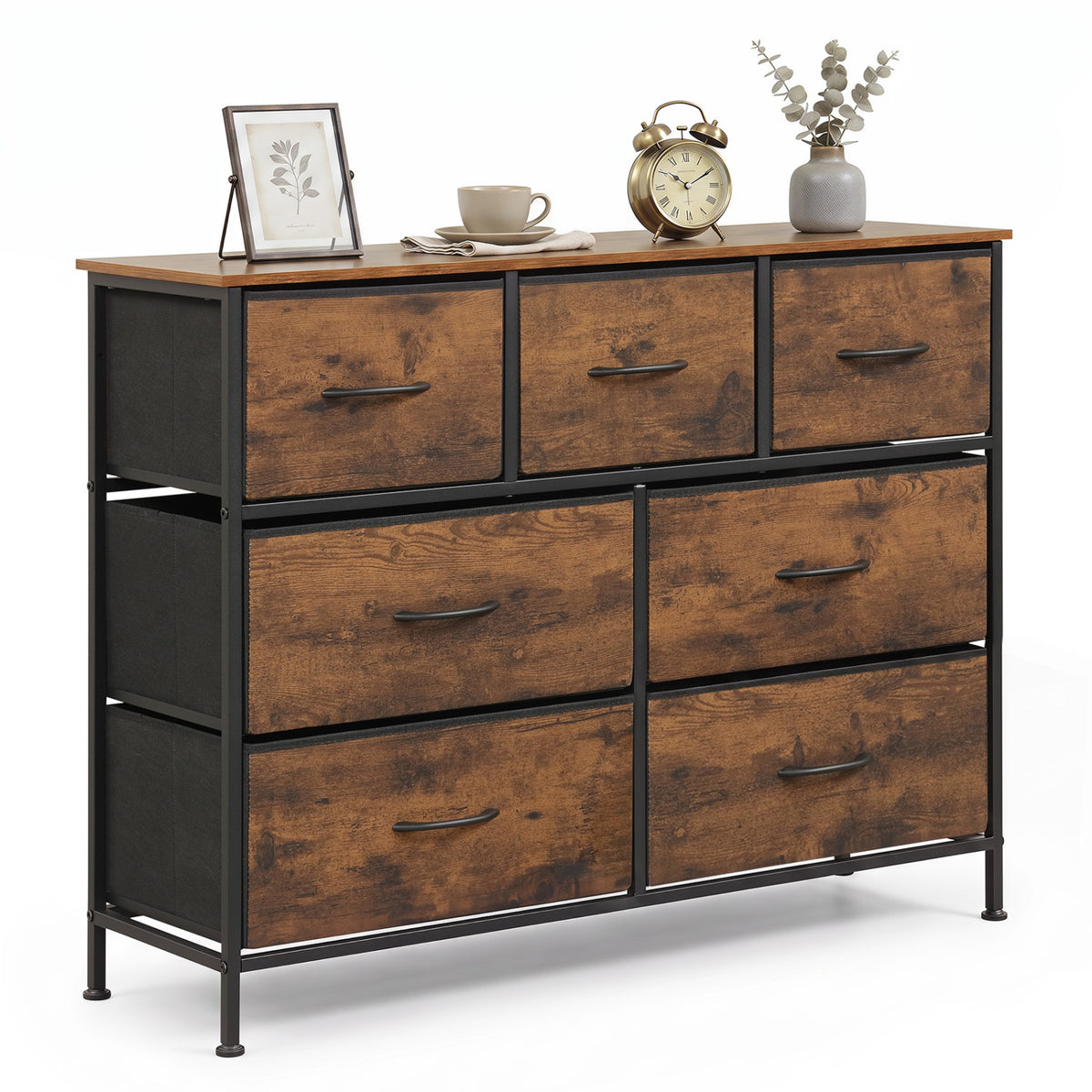 7-Drawer Wide Dresser, 2-Sized Fabric Drawers, Rustic Brown