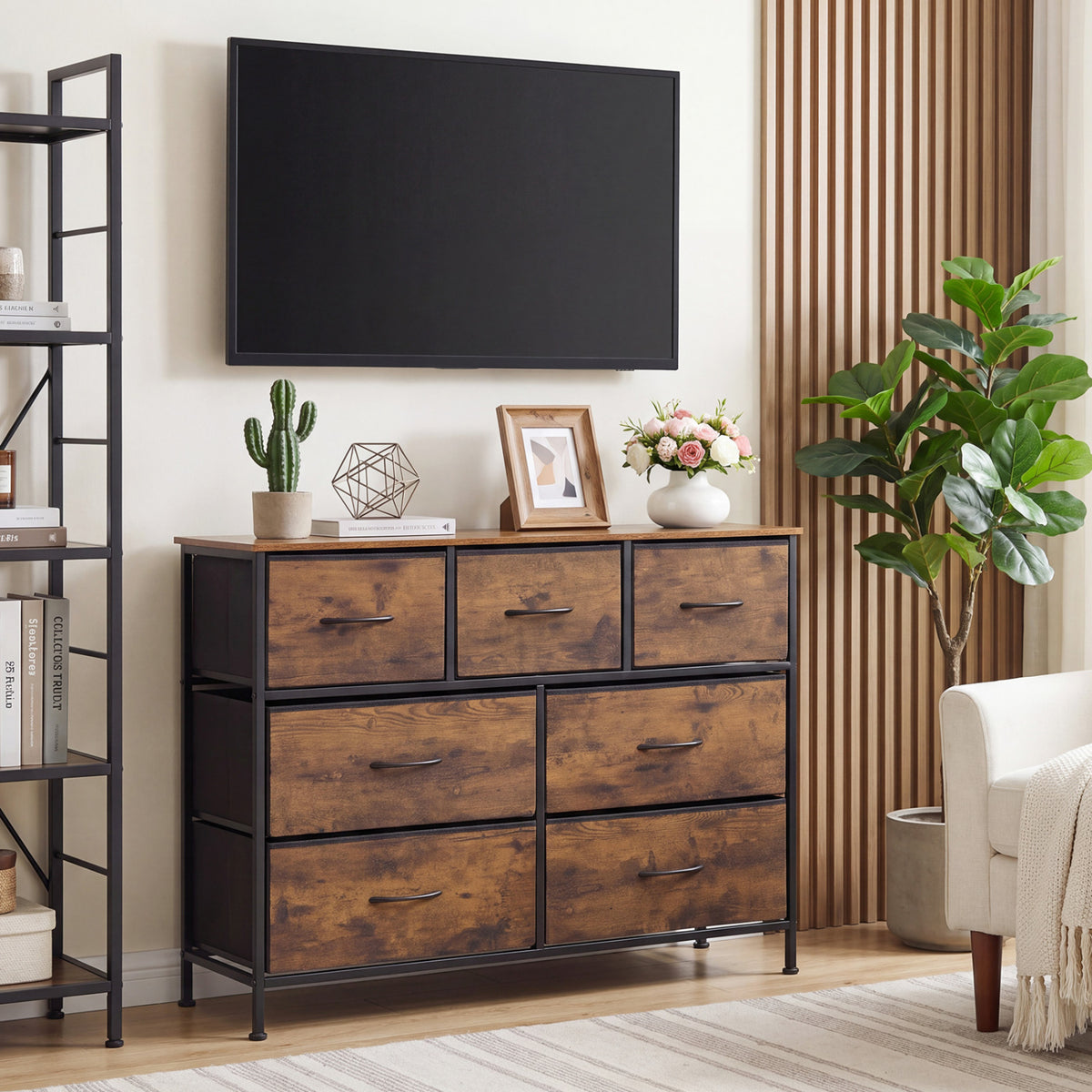 7-Drawer Wide Dresser, 2-Sized Fabric Drawers, Rustic Brown