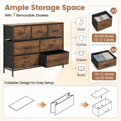 7-Drawer Wide Dresser, 2-Sized Fabric Drawers, Rustic Brown