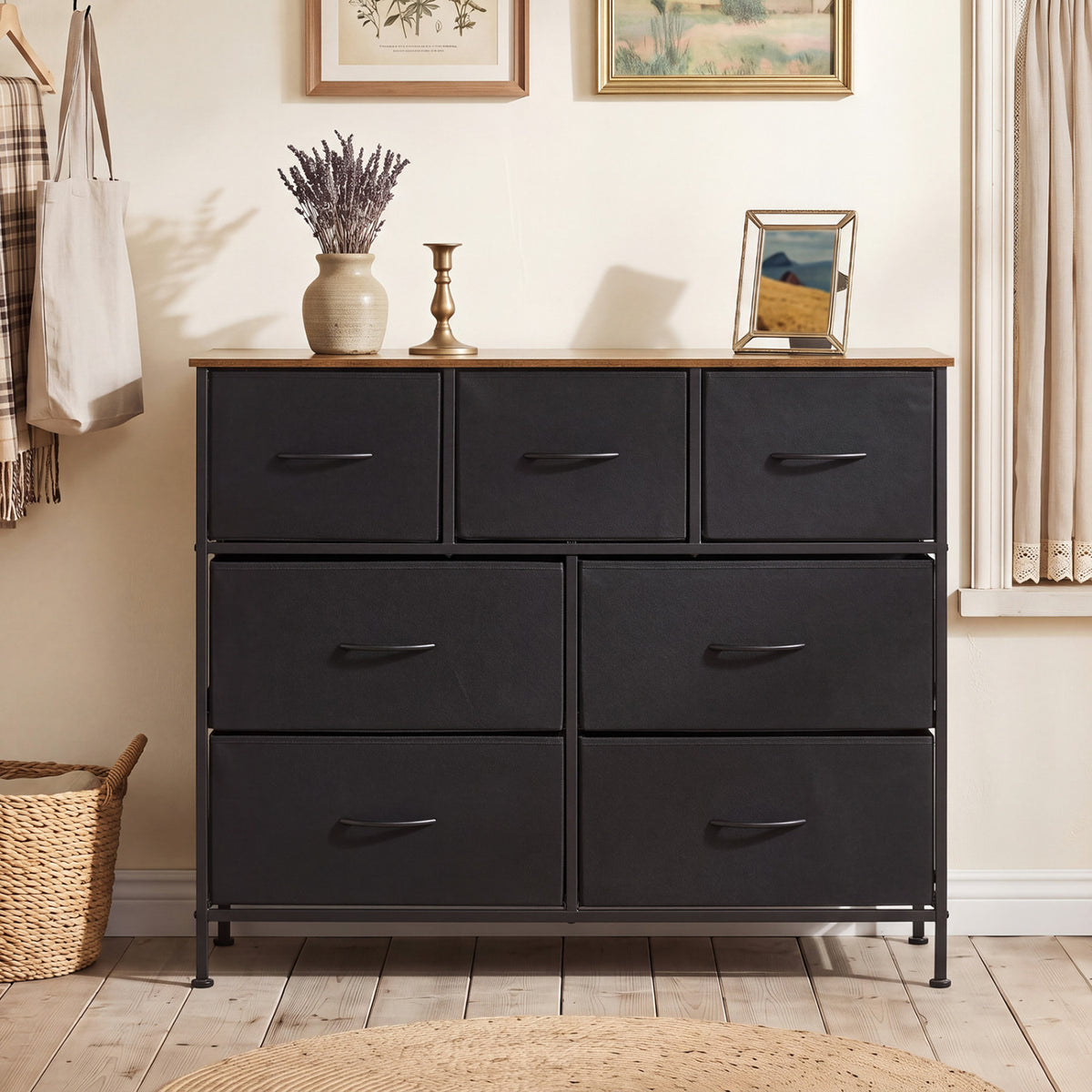 7-Drawer Wide Dresser, 2-Sized Folding Fabric Drawers, Black