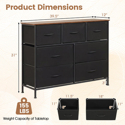 7-Drawer Wide Dresser, 2-Sized Folding Fabric Drawers, Black