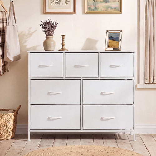 7-Drawer Wide Dresser, 2-Sized Fabric Drawers, White