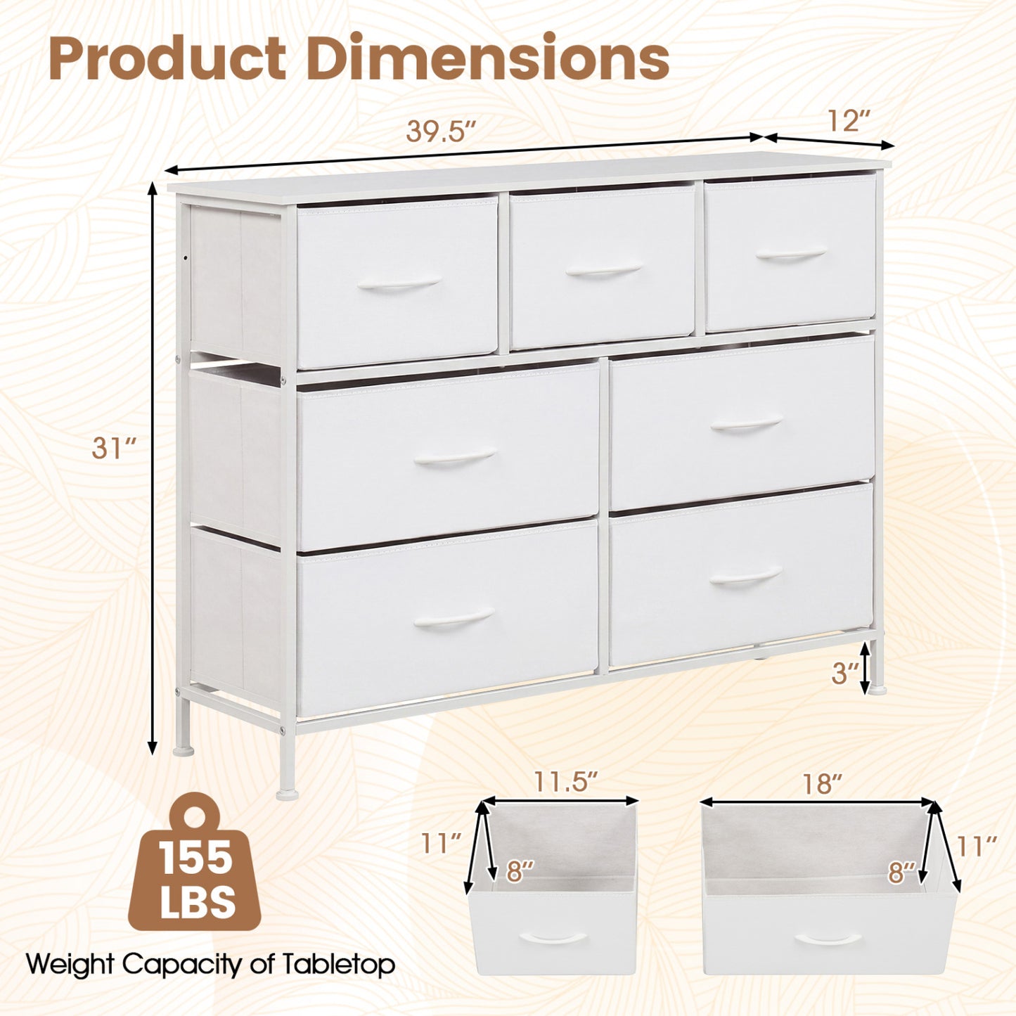 7-Drawer Wide Dresser, 2-Sized Fabric Drawers, Bedroom, White