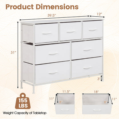7-Drawer Wide Dresser, 2-Sized Fabric Drawers, Bedroom, White