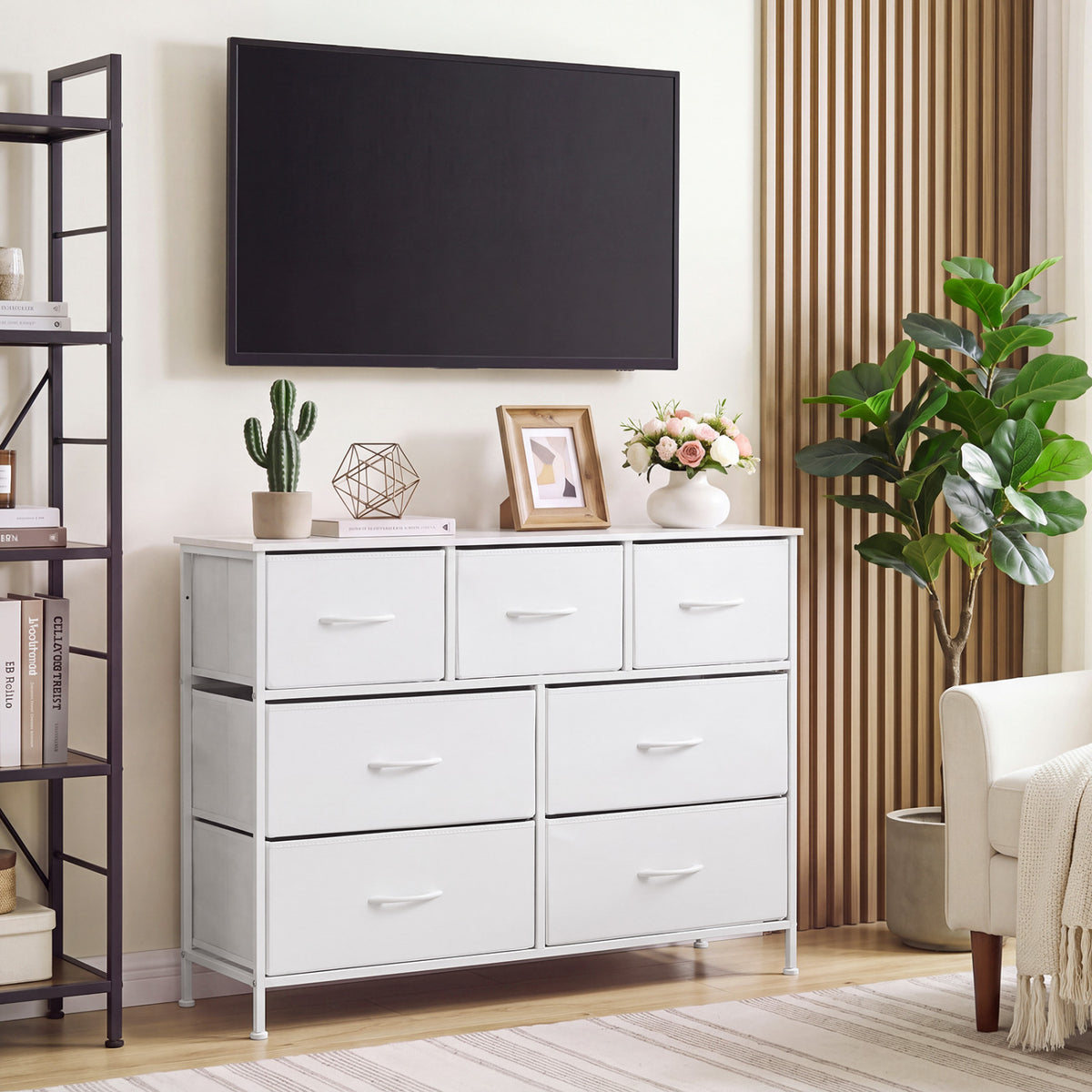 7-Drawer Wide Dresser, 2-Sized Fabric Drawers, Bedroom, White
