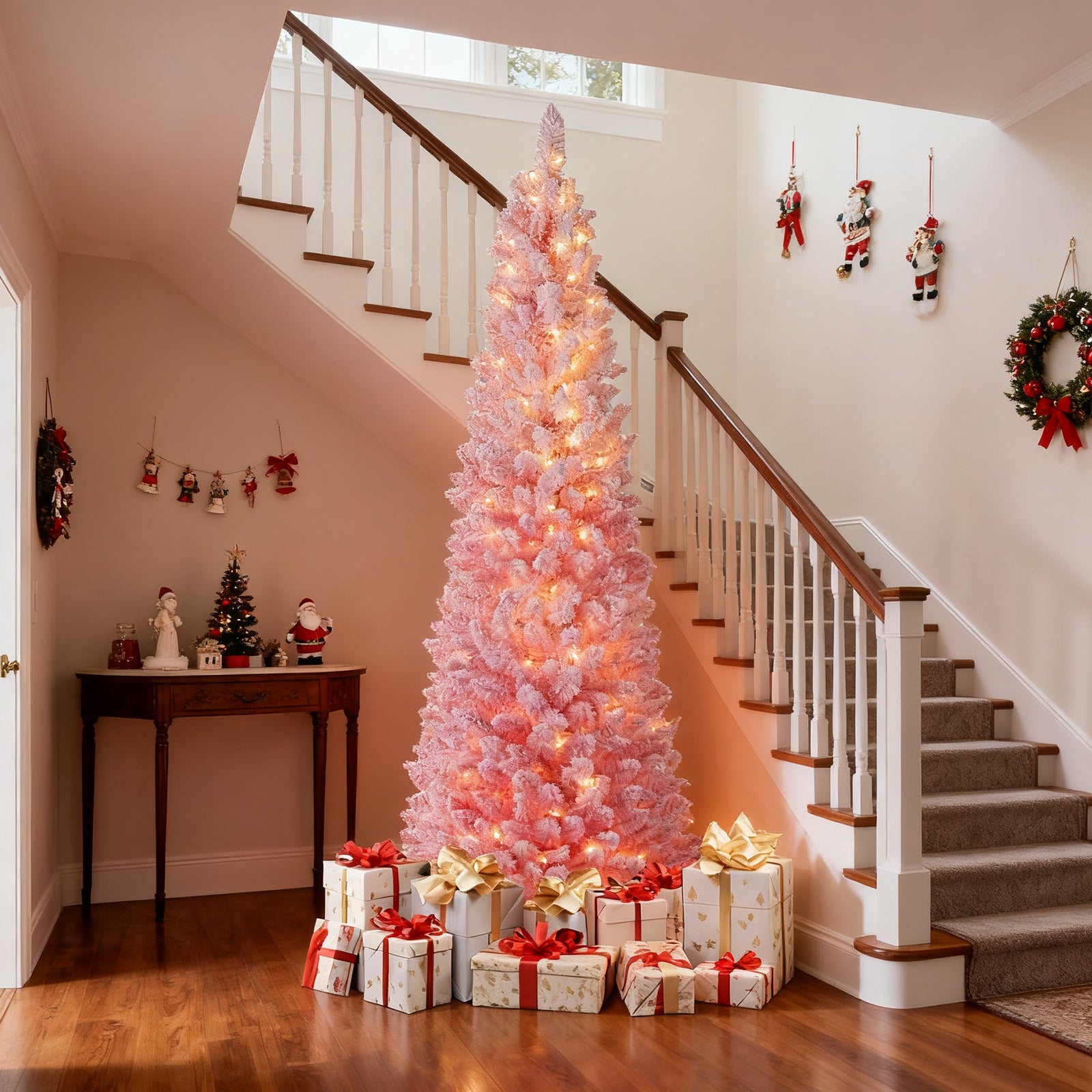 7 FTSnow-flocked Artificial Pink Christmas Tree Pre-lit Hinged Xmas Tree for Holiday Decoration, Pink Christmas Tree at Gallery Canada
