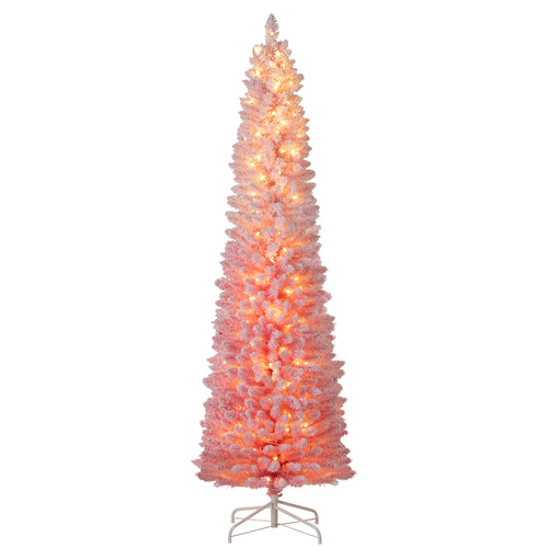 7 FT Snow-Flocked Artificial Christmas Tree, Pre-Lit Hinged, Pink