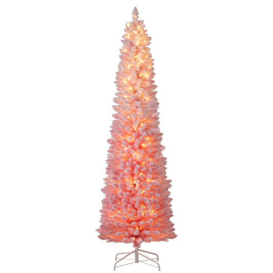 7 FT Snow-Flocked Artificial Christmas Tree, Pre-Lit Hinged, Pink Christmas Tree Pink at Gallery Canada