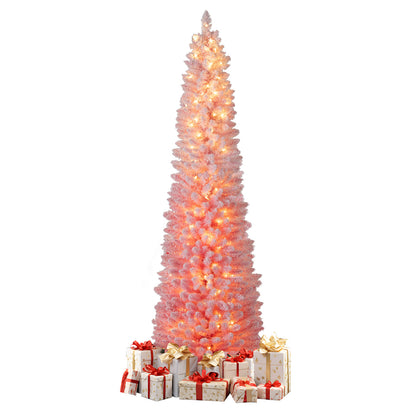 7 FTSnow-flocked Artificial Pink Christmas Tree Pre-lit Hinged Xmas Tree for Holiday Decoration, Pink Christmas Tree at Gallery Canada