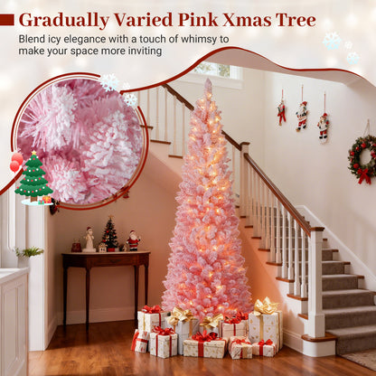 7 FTSnow-flocked Artificial Pink Christmas Tree Pre-lit Hinged Xmas Tree for Holiday Decoration, Pink Christmas Tree at Gallery Canada