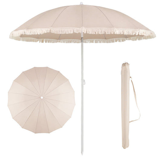 7 FT Patio Umbrella, Fringe Tassel Outdoor Beach Garden Poolside, Beige Outdoor Umbrellas Beige at Gallery Canada