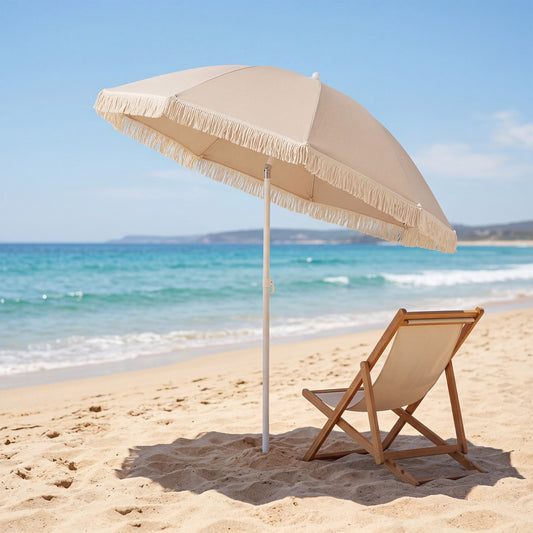 7 FT Patio Umbrella, Fringe Tassel Outdoor Beach Garden Poolside, Beige Outdoor Umbrellas Beige at Gallery Canada