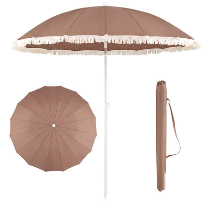7 FT Patio Umbrella, Fringe Boho Tassel, Outdoor Beach Garden Poolside, Brown Outdoor Umbrellas at Gallery Canada