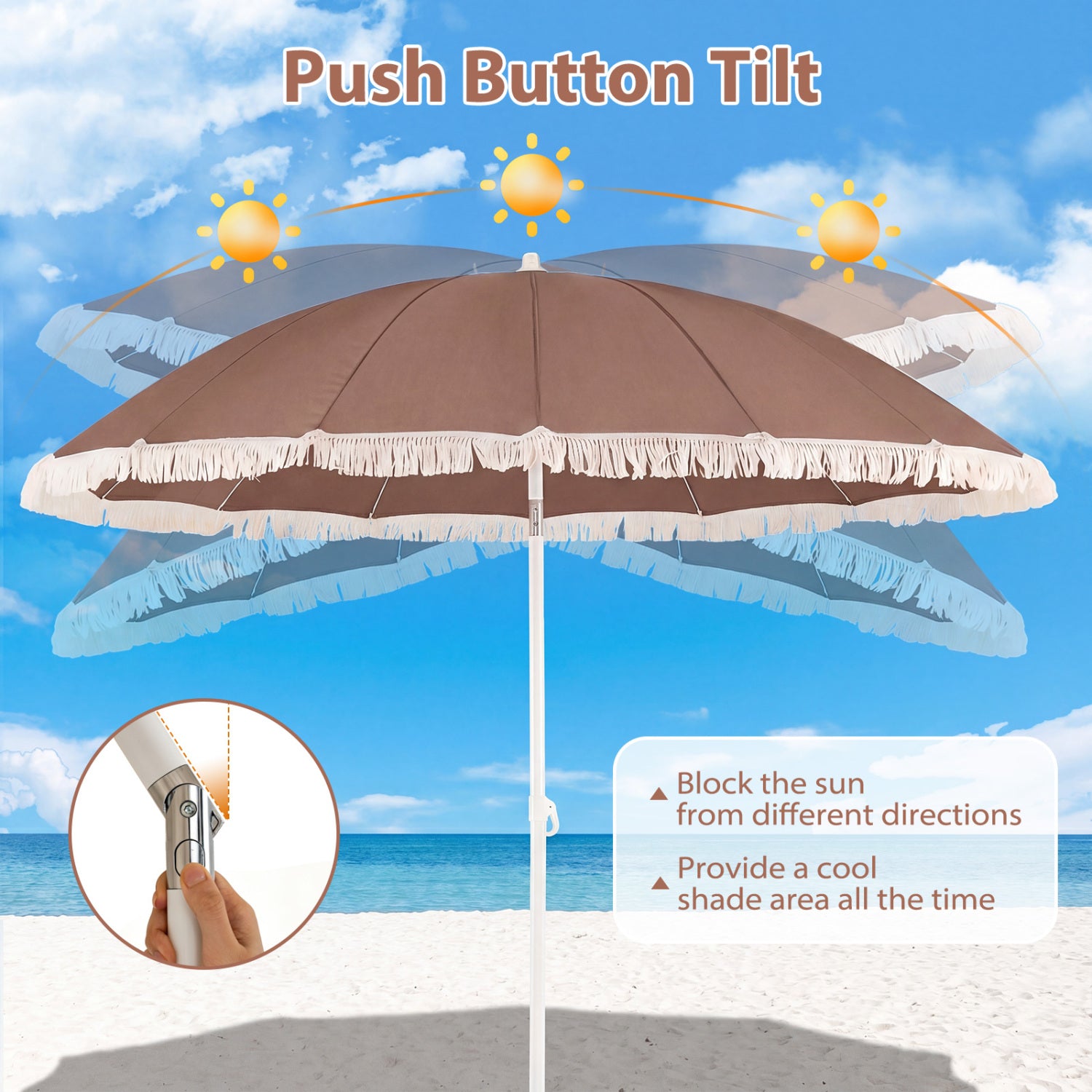 7 FT Patio Umbrella, Fringe Boho Tassel, Outdoor Beach Garden Poolside, Brown Outdoor Umbrellas at Gallery Canada