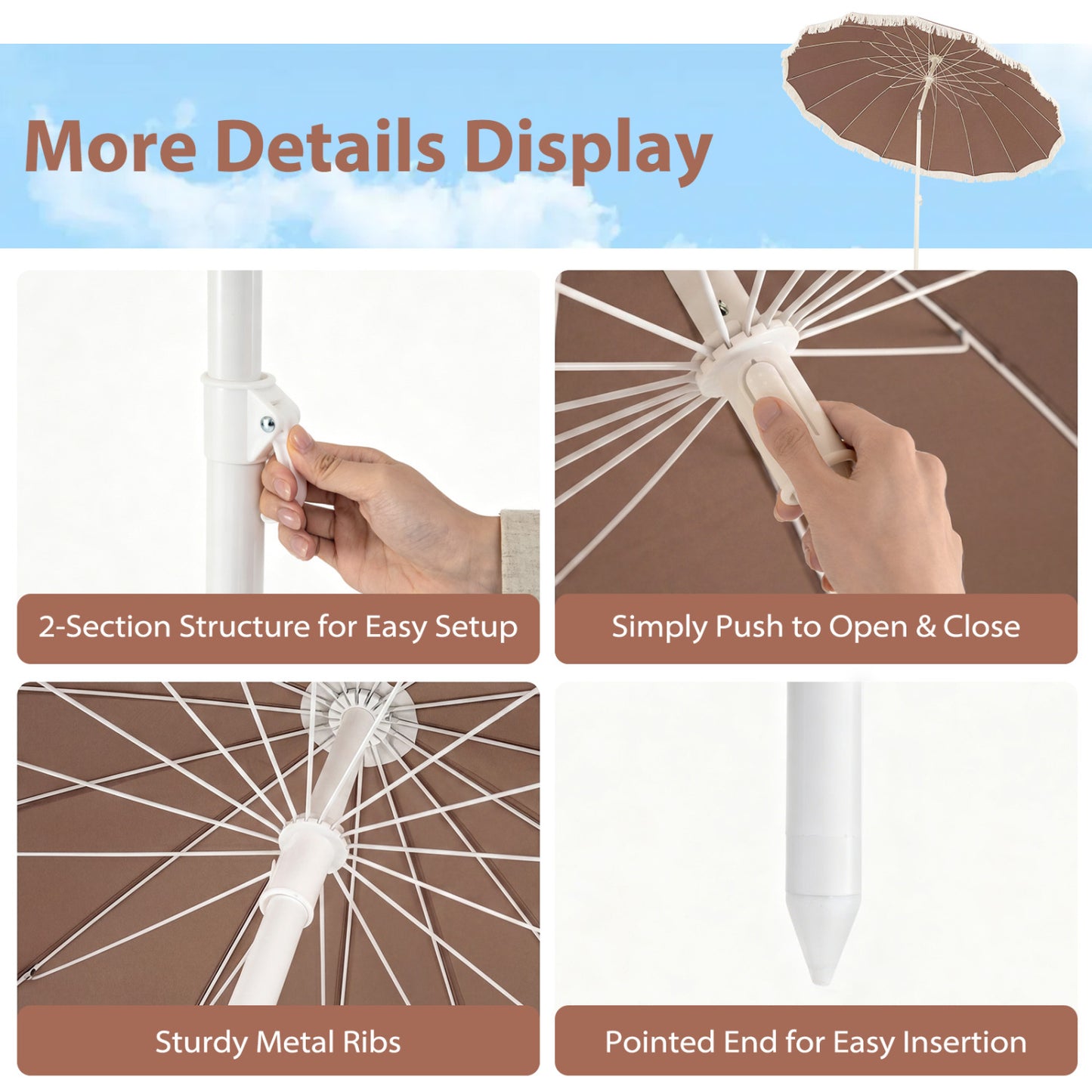7 FT Patio Umbrella, Fringe Boho Tassel, Outdoor Beach Garden Poolside, Brown Outdoor Umbrellas at Gallery Canada