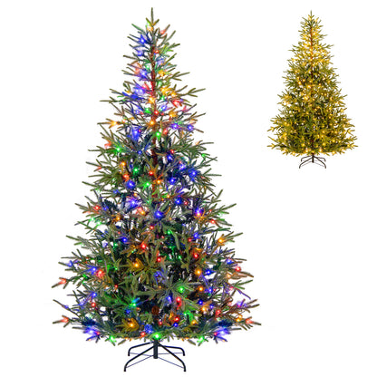 7 FT Pre-Lit Artificial Christmas Tree Hinged Xmas Tree with 300 Warm White & Multicolored LED Lights