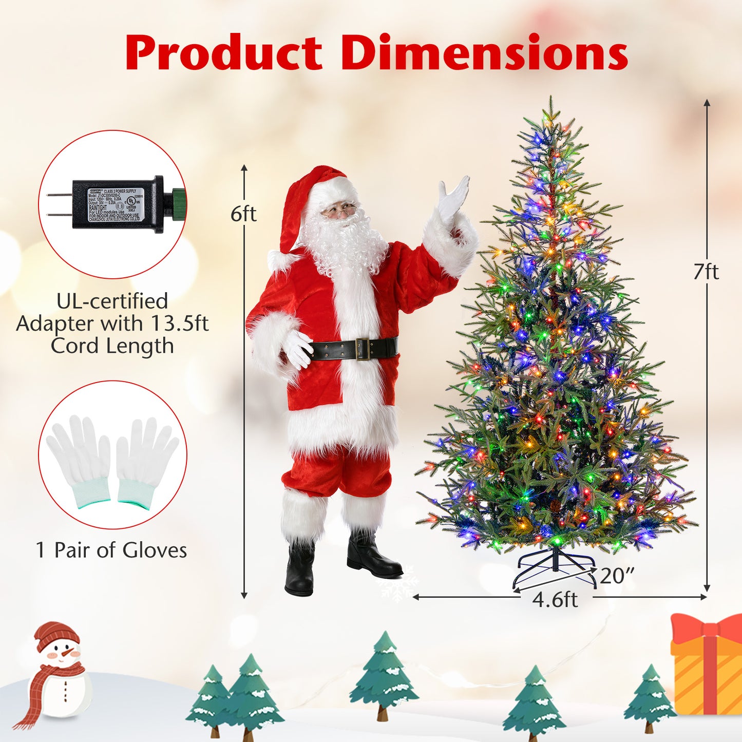 7 FT Pre-Lit Artificial Christmas Tree Hinged Xmas Tree with 300 Warm White & Multicolored LED Lights