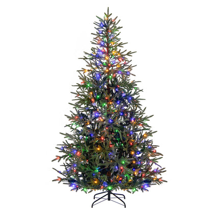 7 FT Pre-Lit Artificial Christmas Tree Hinged Xmas Tree with 300 Warm White & Multicolored LED Lights