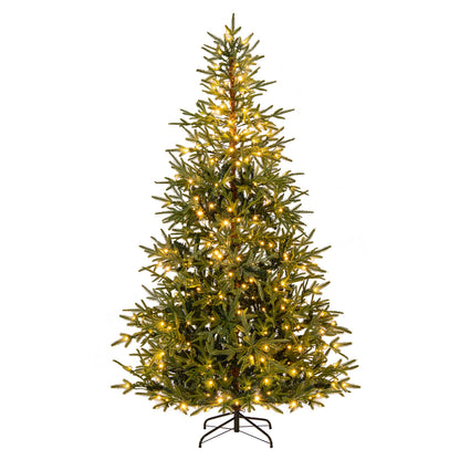 7 FT Pre-Lit Artificial Christmas Tree Hinged Xmas Tree with 300 Warm White & Multicolored LED Lights