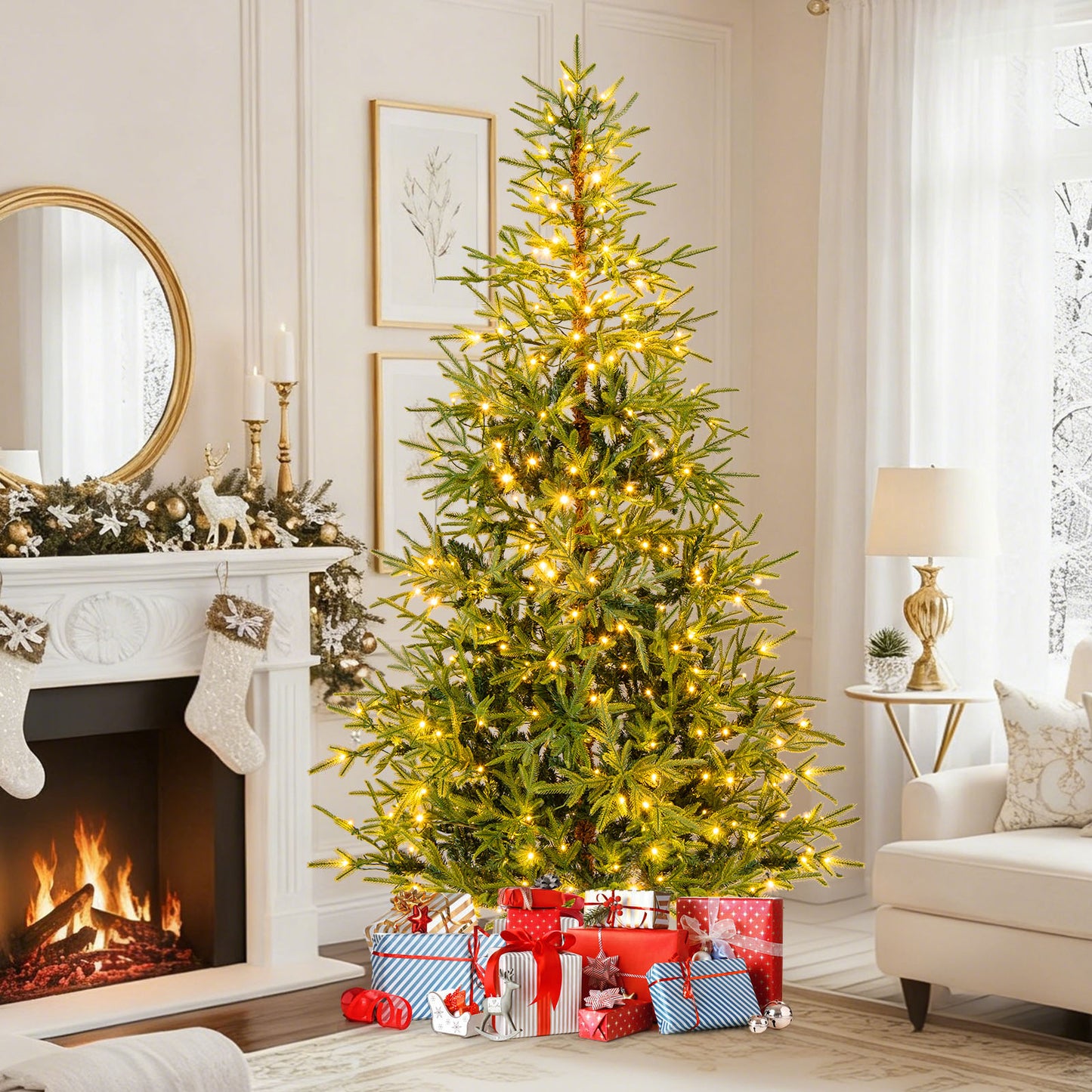 7 FT Pre-Lit Artificial Christmas Tree Hinged Xmas Tree with 300 Warm White & Multicolored LED Lights