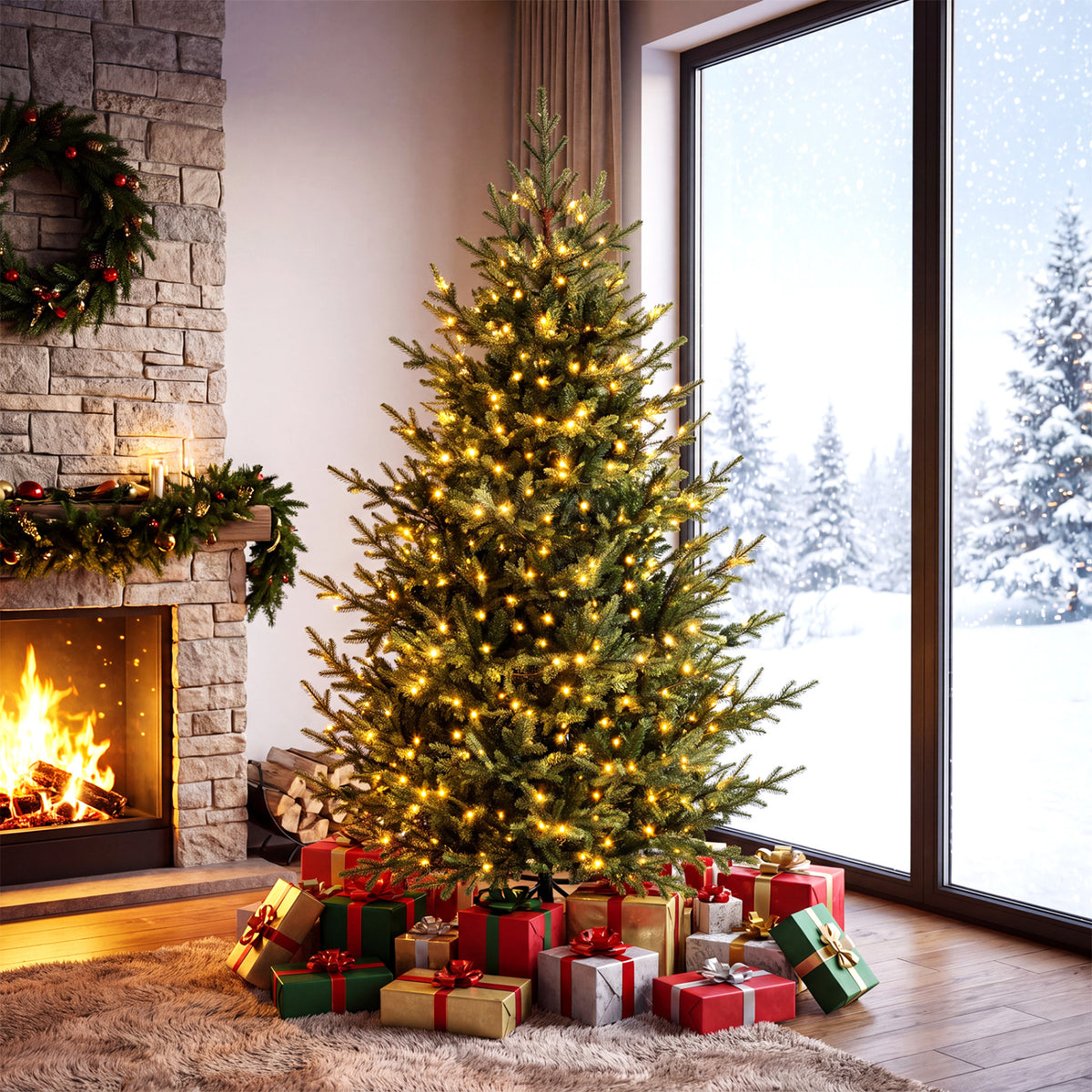 Sapin de Noël artificiel pré-éclairé de 7 pieds, 340 lumières LED blanc chaud, vert