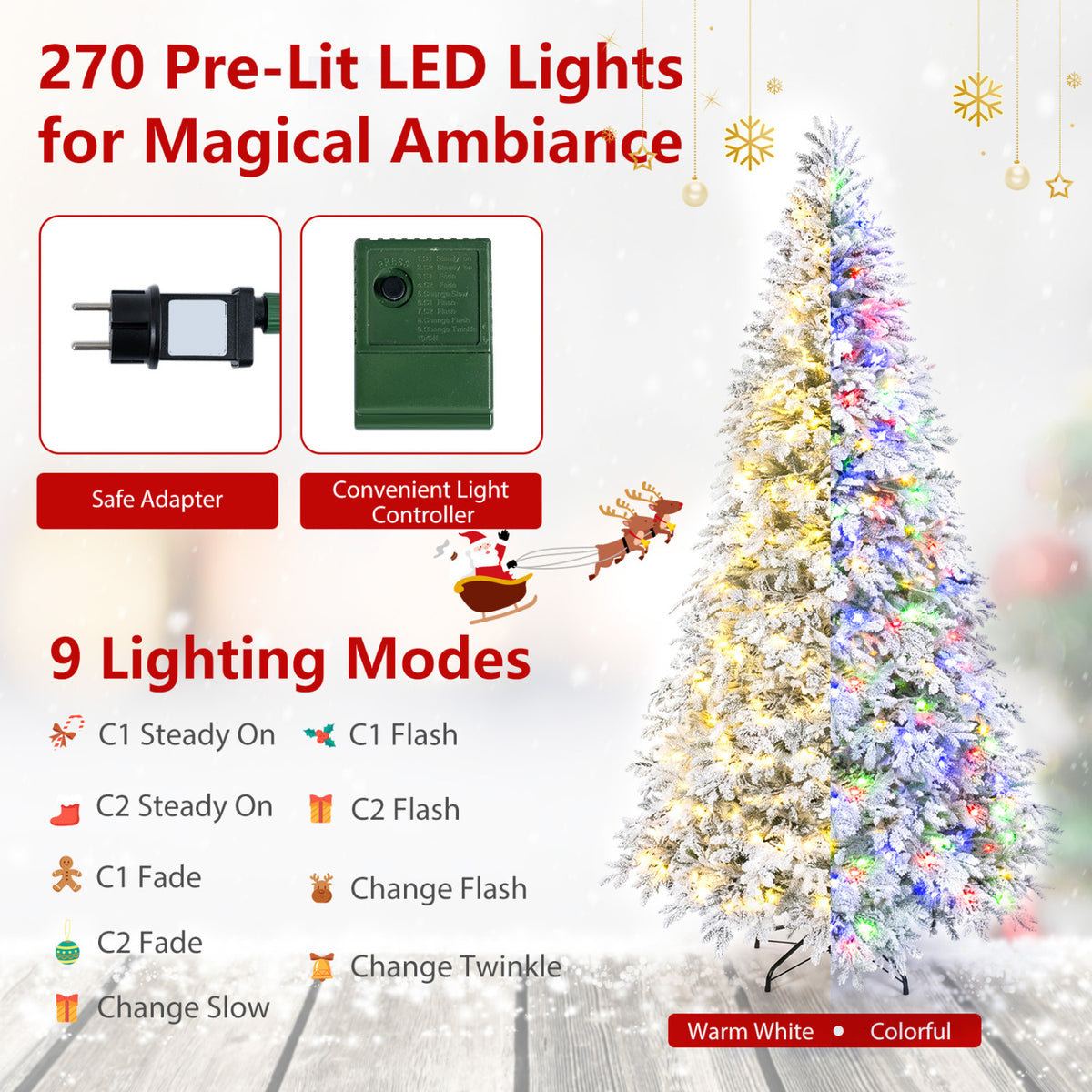 Sapin de Noël artificiel pré-éclairé de 7 pieds, LED blanc chaud multicolore, blanc