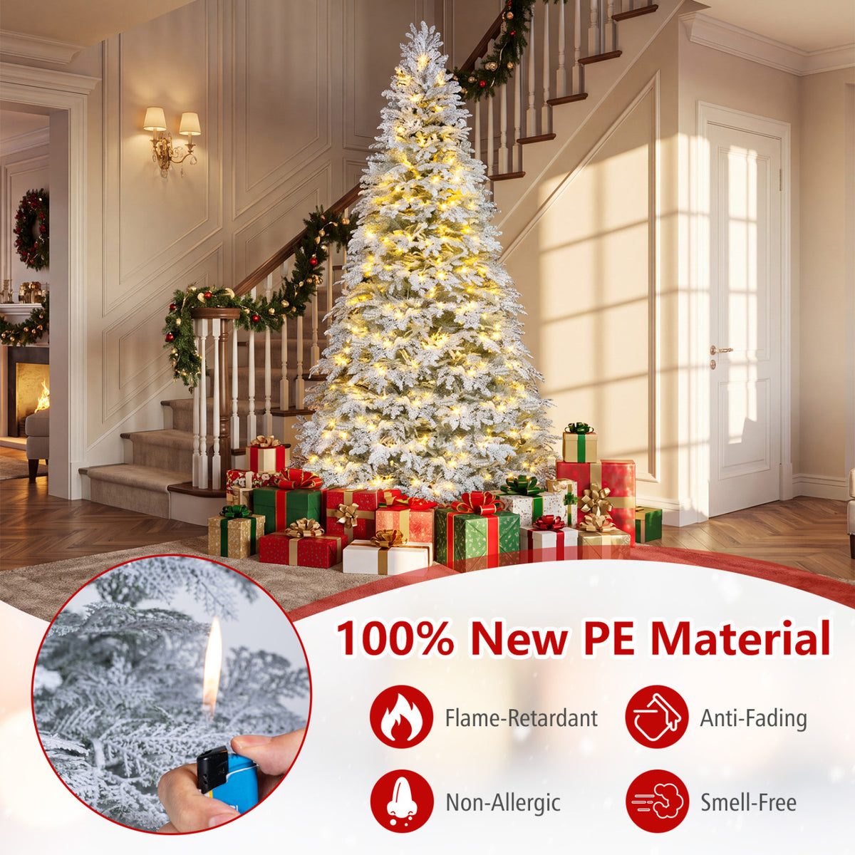 Sapin de Noël artificiel pré-éclairé de 7 pieds, LED blanc chaud multicolore, blanc
