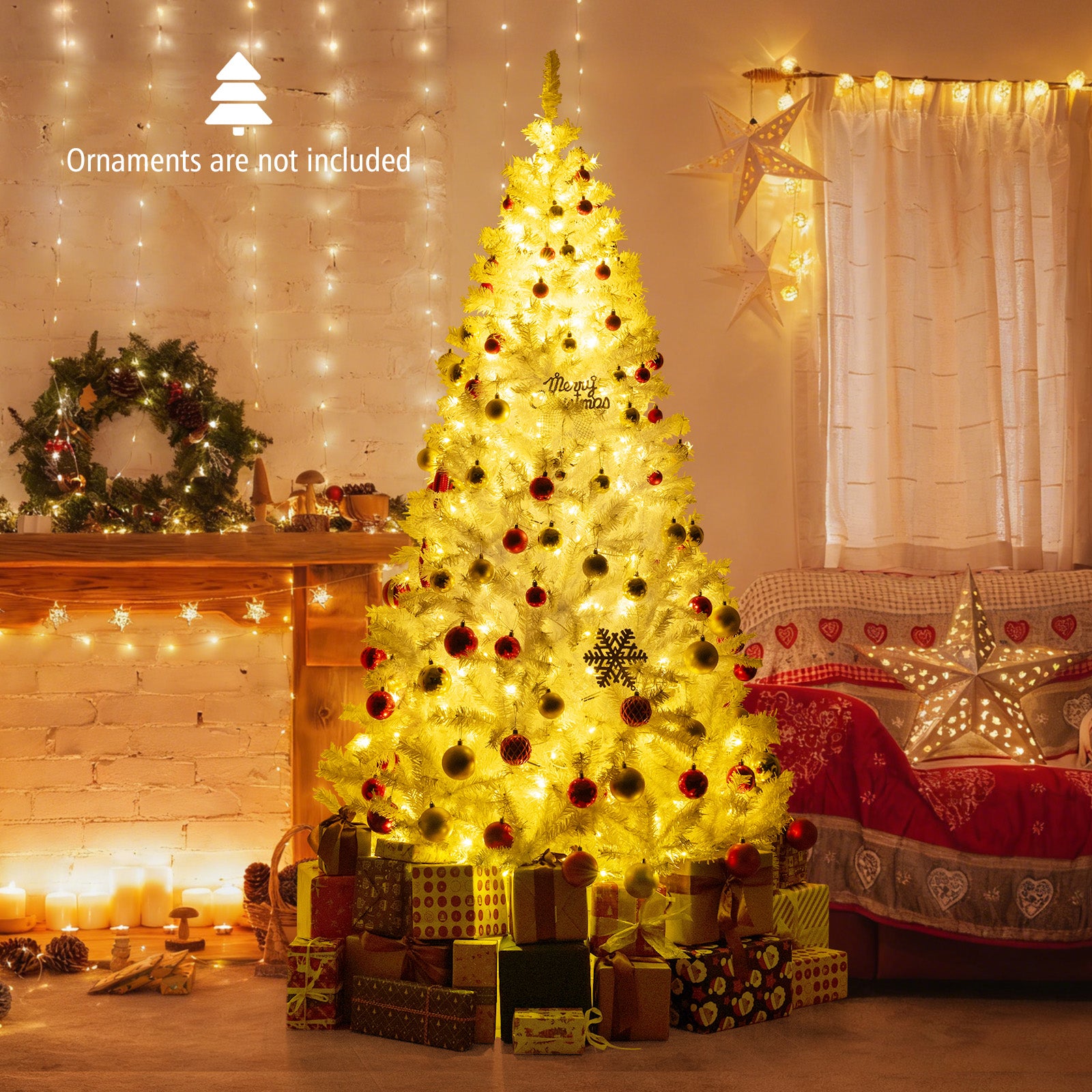 7 Feet Artificial Christmas Tree Hinged Pre-Lit Xmas Tree with 11 Lighting Modes, White Christmas Tree at Gallery Canada