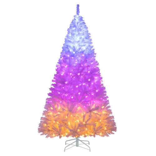 7 Feet Artificial Christmas Tree Hinged Pre-Lit Xmas Tree with 11 Lighting Modes, White